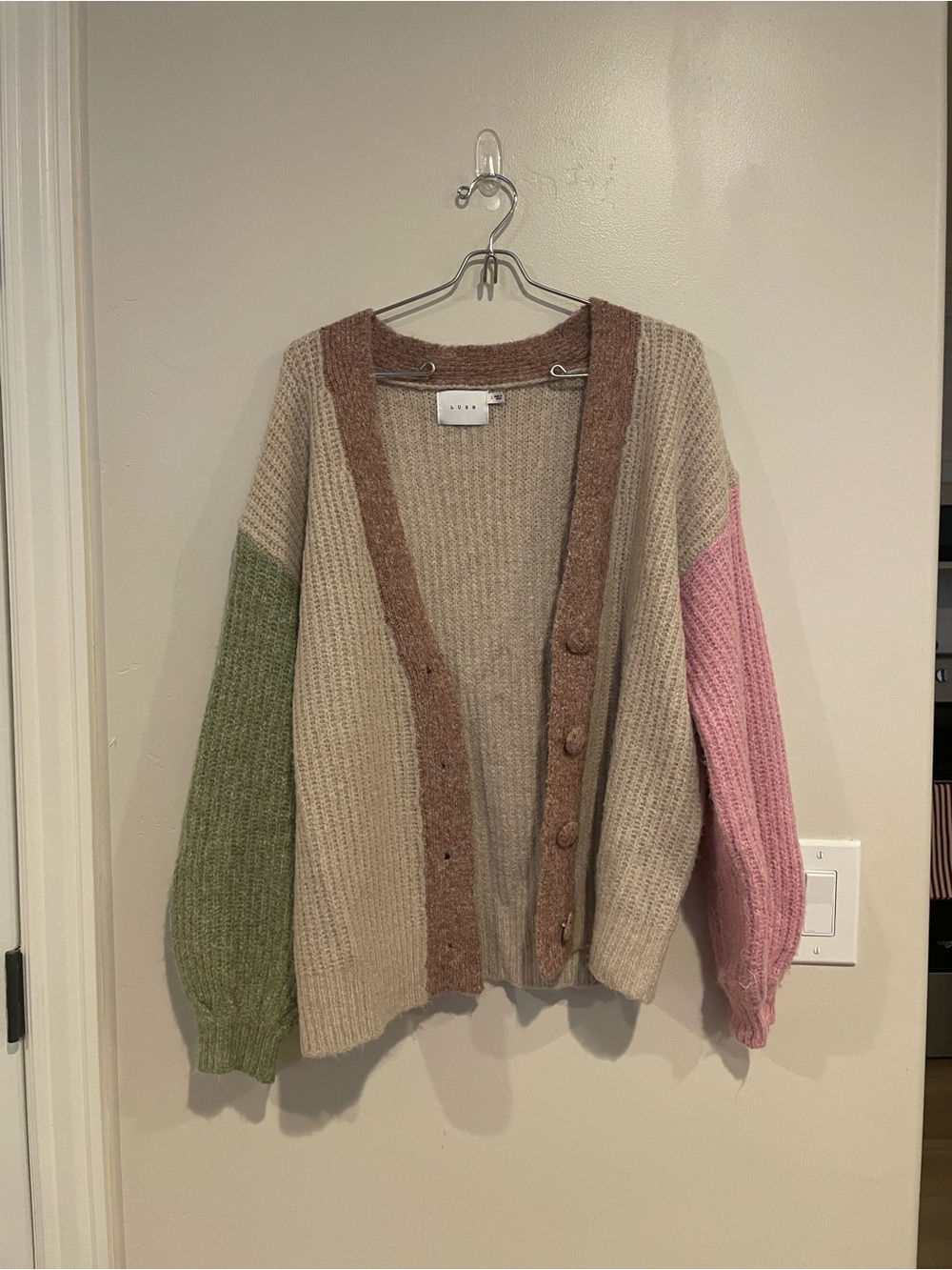 Lush Colorblock Button-Front Cardigan - Beige, Pink & Green - Picture 1 of 3